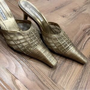 Women's gold bronze kitten heels metal metallic leather open back size 8 slides